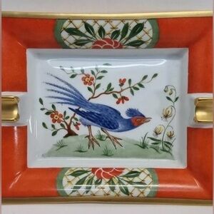 Hermes Porcelain Ashtray with Blue Bird and Red-Gold Accents